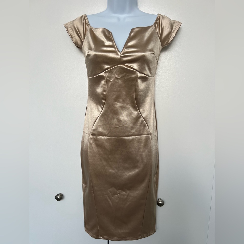 Discovery Gold Satin Off-Shoulder Midi Dress